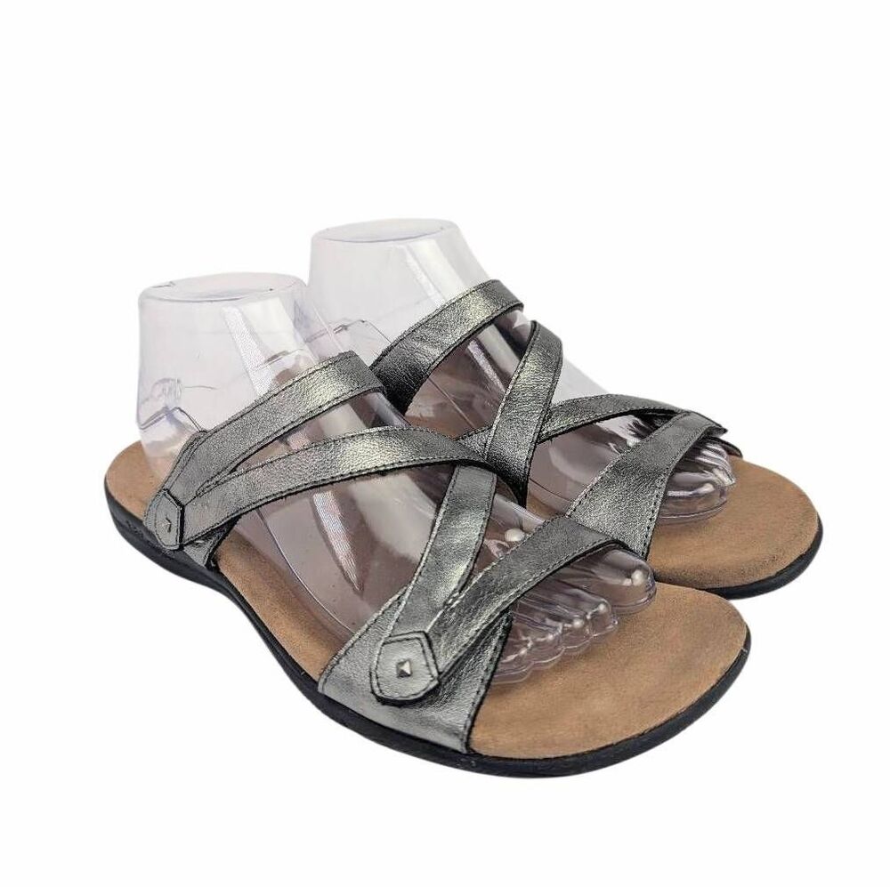 Taos Double U silver pewter leather strappy comfort sandals womens 10